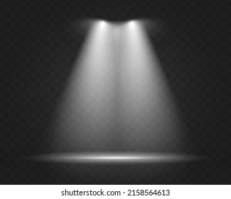 Light sources collection, concert lighting, stage beam spotlights lens flare effect and bright star. Light from a lamp, spotlight. Realistic white scene illumination on transparent background, vector