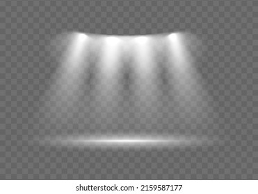 Light sources collection, concert lighting, stage beam spotlights lens flare effect and bright star. Light from a lamp, spotlight. Realistic white scene illumination on transparent background, vector