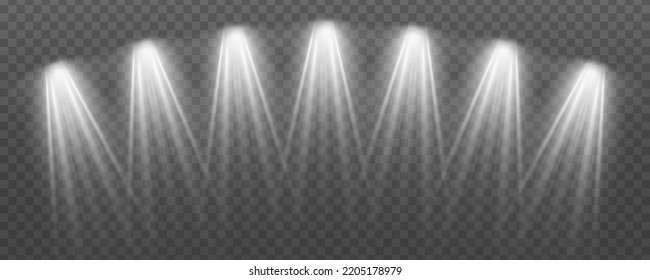 Light sources collection, concert lighting, stage beam spotlights lens flare effect and bright star. Light from a lamp, spotlight. Realistic white scene illumination on transparent background, vector