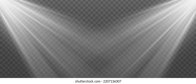 Light sources collection, concert lighting, stage beam spotlights lens flare effect and bright star. Light from a lamp, spotlight. Realistic white scene illumination on transparent background, vector