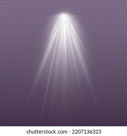 Light sources collection, concert lighting, stage beam spotlights lens flare effect and bright star. Light from a lamp, spotlight. Realistic white scene illumination on transparent background, vector