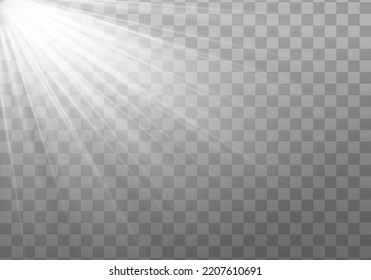 Light sources collection, concert lighting, stage beam spotlights lens flare effect and bright star. Light from a lamp, spotlight. Realistic white scene illumination on transparent background, vector