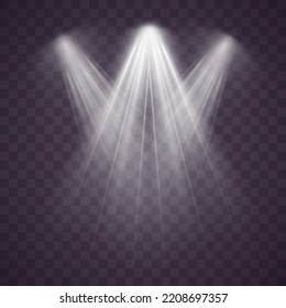 Colección de fuentes luminosas, iluminación de conciertos, efecto de destello de lentes de luces de escenario y estrella brillante. Luz de una lámpara, foco. Iluminación de escena blanca realista sobre fondo transparente, vector