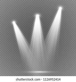  Light sources, concert lighting, spotlights. Concert spotlight with beam, illuminated spotlights for web design illustration.