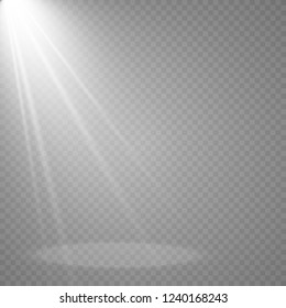 Light sources, concert lighting, spotlights. Concert spotlight with beam, illuminated spotlights for web design illustration.
