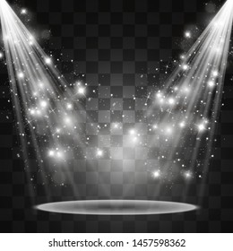 Light sources, concert lighting, spotlights. Concert spotlight with beam, illuminated spotlights for web design illustration.