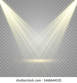 Light sources, concert lighting, spotlights. Concert spotlight with beam, illuminated spotlights for web design illustration.