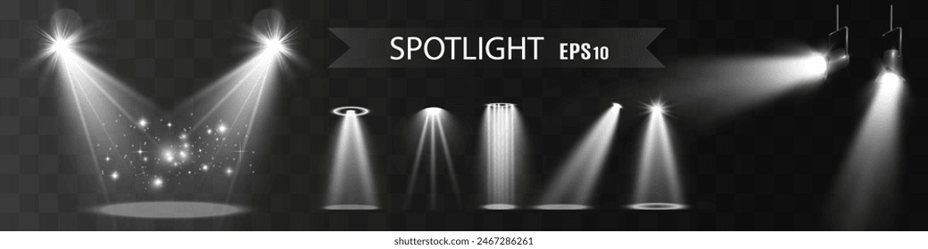 Light sources, concert lighting, spotlights. Concert spotlight with ray illuminated spotlights for web design illustration.