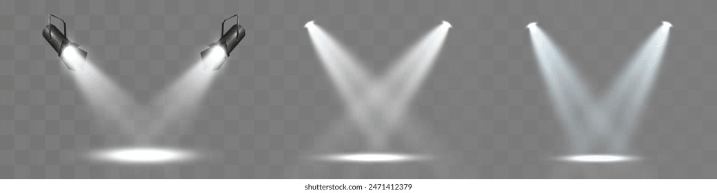 Light sources, concert lighting, spotlights. Concert spotlight with ray illuminated spotlights for web design illustration.	