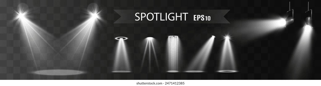 Light sources, concert lighting, spotlights. Concert spotlight with ray illuminated spotlights for web design illustration.	
