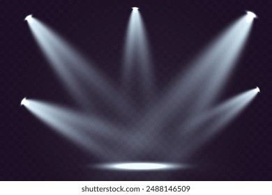 Light sources, concert lighting, spotlights. Concert spotlight with ray illuminated spotlights for web design illustration.