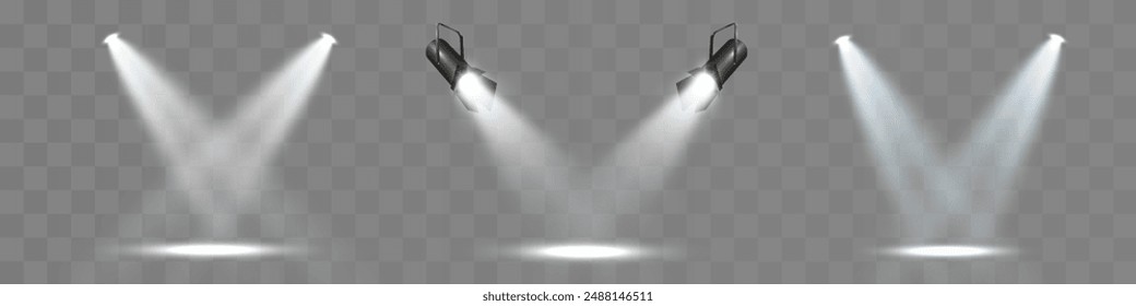 Light sources, concert lighting, spotlights. Concert spotlight with ray illuminated spotlights for web design illustration.