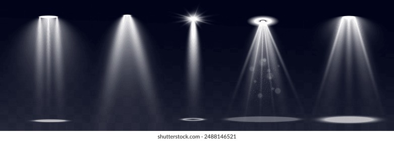 Light sources, concert lighting, spotlights. Concert spotlight with ray illuminated spotlights for web design illustration.