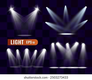 Light sources, concert lighting, spotlights. Concert spotlight with ray illuminated spotlights for web design illustration.	