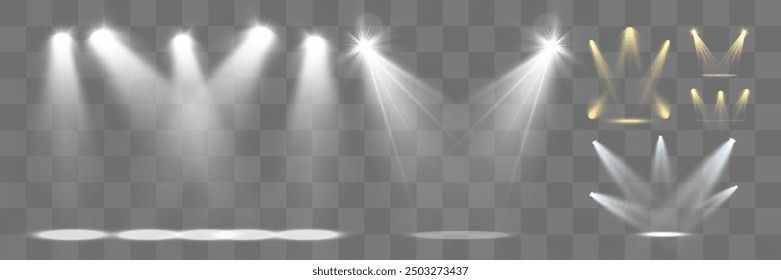 Light sources, concert lighting, spotlights. Concert spotlight with ray illuminated spotlights for web design illustration.	