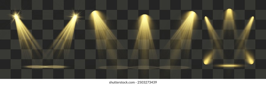 Light sources, concert lighting, spotlights. Concert spotlight with ray illuminated spotlights for web design illustration.	
