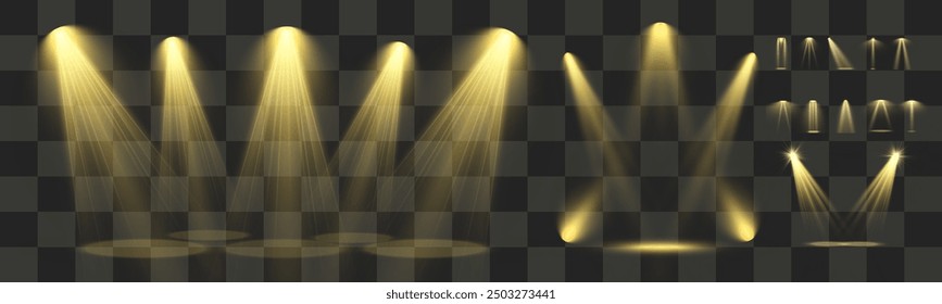 Light sources, concert lighting, spotlights. Concert spotlight with ray illuminated spotlights for web design illustration.	