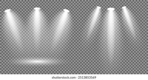 Fontes de luz, iluminação de concerto, luzes de spot. Holofote de concerto com holofotes iluminados por raio para ilustração de web design.