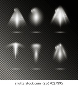 Light sources, concert lighting, spotlights. Concert spotlight with ray illuminated Isolated on transparent . 