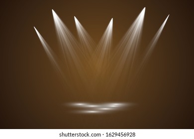 Light sources, concert lighting, stage spotlights. Floodlight beam, illuminated spotlights for web design and projection studio lights beam concert club show scene illumination.