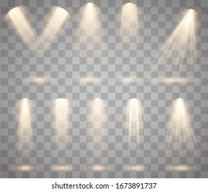 Light sources, concert lighting, stage spotlights set. Concert spotlight with beam, illuminated spotlights. Vector glowing light effect with gold rays and beams