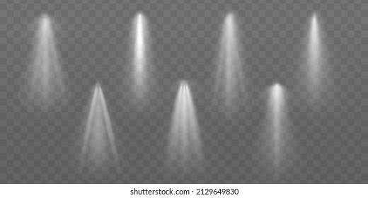 Fuentes de luz, iluminación para conciertos, luces de escenario. Efecto de la luz de flash de la lente desde una lámpara o punto. Proyector de conciertos iluminado por vigas. La atención se centró en el fondo transparente. Ilustración vectorial.