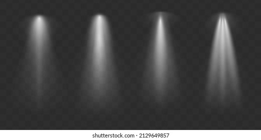 Light sources, concert lighting, stage spotlights set. Lens flash light effect from a lamp or spot. Concert projector with beam illuminated. Spotlight on transparent background. Vector illustration.