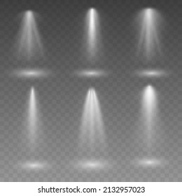 Light sources, concert lighting, stage spotlights set. Lens flash light effect from a lamp or spot. Concert projector with beam illuminated. Spotlight on transparent background. Vector illustration.