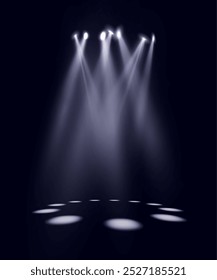 Light sources, concert lighting, stage spotlights. Spotlight beam with the effect of bright flickering light. Vector	