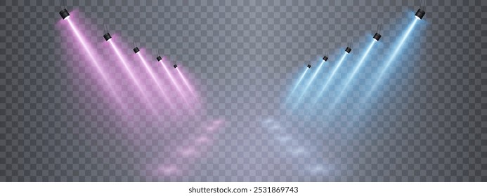 Light sources, concert lighting, stage spotlights. Beam led lighting spotlight with the effect of bright flickering light. Vector