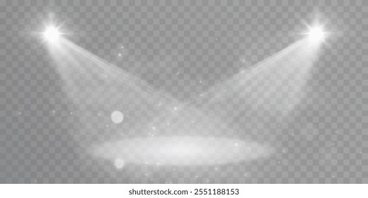 Light sources, concert lighting, stage spotlights. Spotlight beam with the effect of bright flickering light. Vector	
