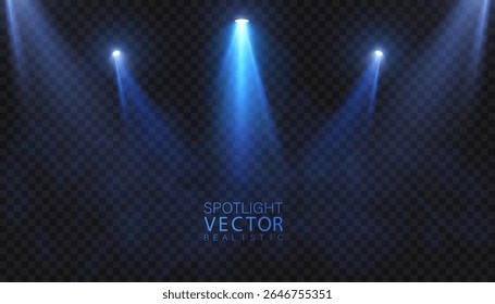 Fontes de luz, iluminação de concerto, holofotes de palco. Luz azul LED holofote com efeito de luz brilhante piscando. Vetor