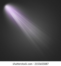 Light sources set, concert lighting, stage beam spotlights lens flare effect and bright star. Purple light from a lamp, spotlight. Realistic white scene illumination on transparent background, vector