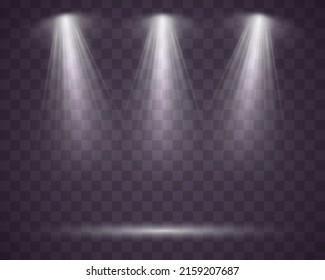 Light sources set, concert lighting, stage beam spotlights lens flare effect and bright star. Purple light from a lamp, spotlight. Realistic white scene illumination on transparent background, vector