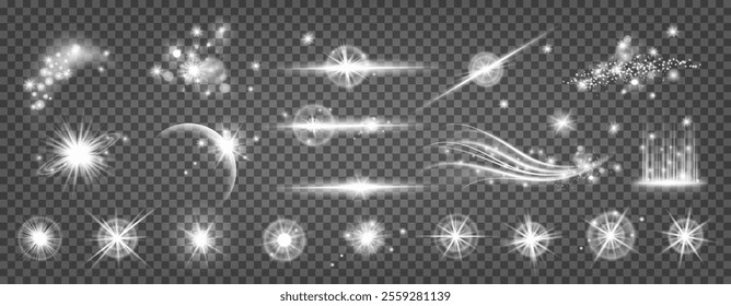 Light sparkle effect. Spark shine glow. Star from bright glitter, line flare beam. Transparent curve flash, explosion glare, magic twirl. Isolated decorative realistic elements. Vector background