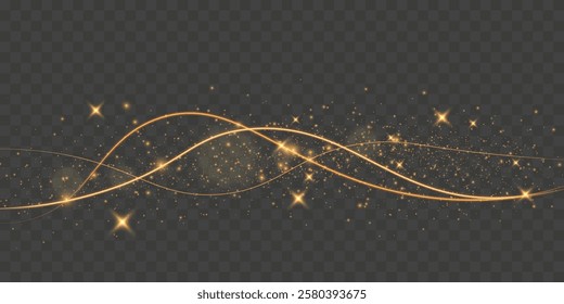 Light sparkle glitter shine glow with golden wavy light trails, glowing particles, and sparkling effects on a transparent background.