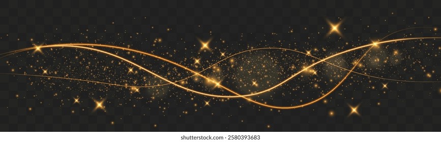 Light sparkle glitter shine glow with golden wavy light trails, glowing particles, and sparkling effects on a transparent background.