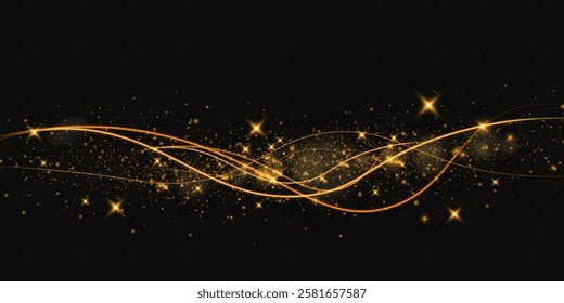 Light sparkle glitter shine glow with golden wavy light trails, glowing particles, and sparkling effects on a transparent background.