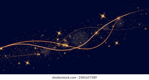 Light sparkle glitter shine glow with golden wavy light trails, glowing particles, and sparkling effects on a transparent background.