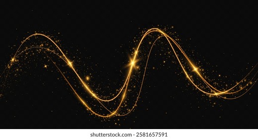 Light sparkle glitter shine glow with golden wavy light trails, glowing particles, and sparkling effects on a transparent background.