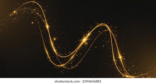 Light sparkle glitter shine glow with golden wavy light trails, glowing particles, and sparkling effects on a transparent background.	