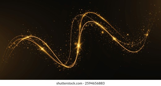 Light sparkle glitter shine glow with golden wavy light trails, glowing particles, and sparkling effects on a transparent background.	