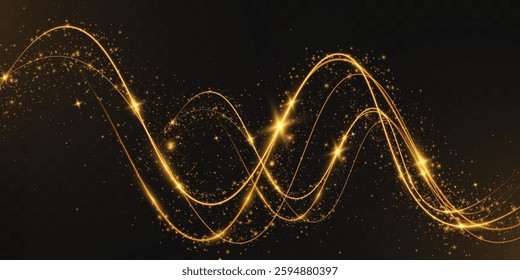Light sparkle glitter shine glow with golden wavy light trails, glowing particles, and sparkling effects on a transparent background.	