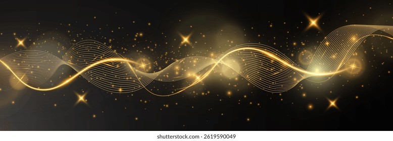 Light sparkle glitter shine glow with golden wavy light trails, glowing particles, and sparkling effects on a transparent background.	