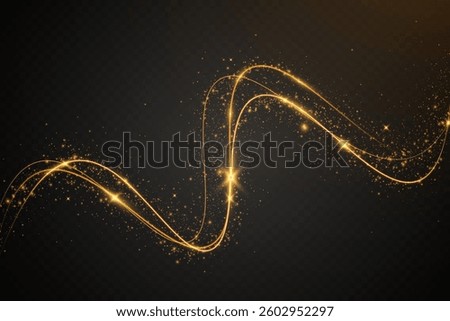 Light sparkle glitter shine glow with golden wavy light trails, glowing particles, and sparkling effects on a transparent background.	