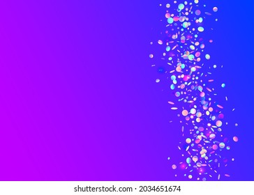 Light Sparkles. Transparent Glitter. Rainbow Tinsel. Party Banner. Laser Realistic Template. Flying Art. Fantasy Foil. Blue Retro Background. Violet Light Sparkles