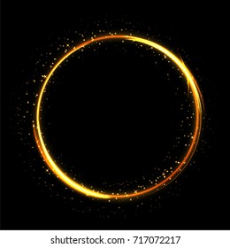 Light sparkling circle on black background. Fire ring glowing trace. Vector fire gold circle.