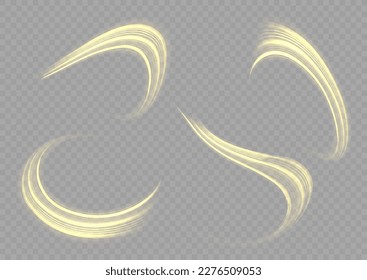 Light sparkling effect. Dynamic golden waves. Luminous gold lines of speed. Magic speed flying trails of shine, bright shimmer particles fly. Yellow glowing motion line. Sparkle twist vector