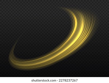 Light sparkling effect. Dynamic golden waves. Magic speed flying trails of shine, bright shimmer particles fly. Yellow glowing motion line. Luminous gold lines of speed. Sparkle twist vector