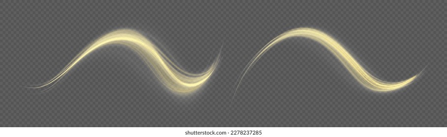 Light sparkling effect. Dynamic golden waves. Luminous gold lines of speed. Magic speed flying trails of shine, bright shimmer particles fly. Yellow glowing motion line. Sparkle twist vector